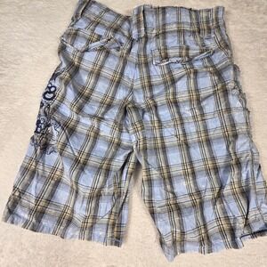 Vurt Cargo Shorts Mens 30 Blue Plaid  Bleach Splatter Graphic Y2K‎ Skater